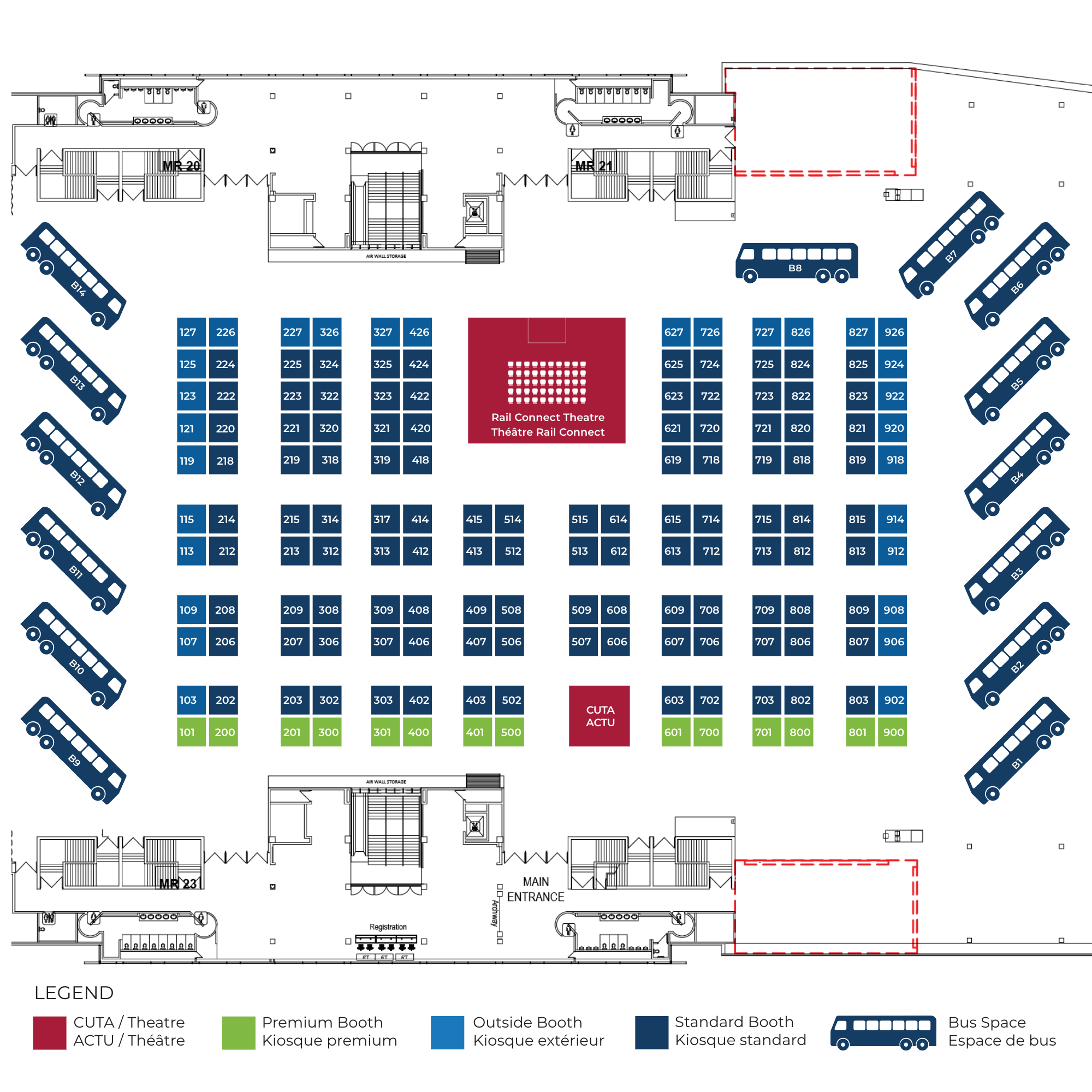 2026 CUTA Winnipeg Transit Show floor plan showing exhibitor booths, bus spaces, Rail Connect Theatre and main entrance